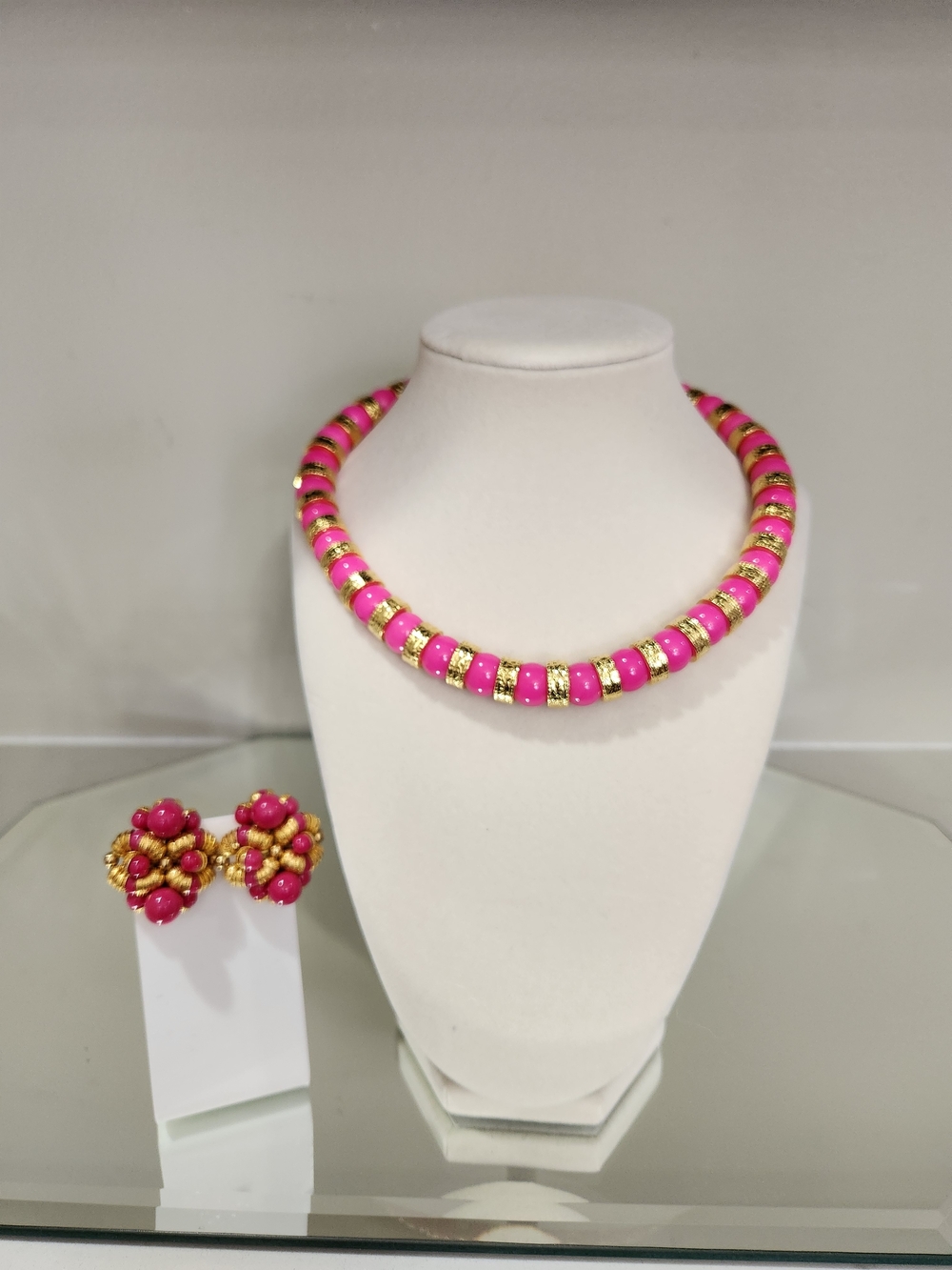 Monette Of Paris Vintage Choker Pink and Gold and Earrings Set Made In France
